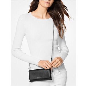 Michael Kors Leather Convertible Chain Wallet to Crossbody in Black/Pearl Grey